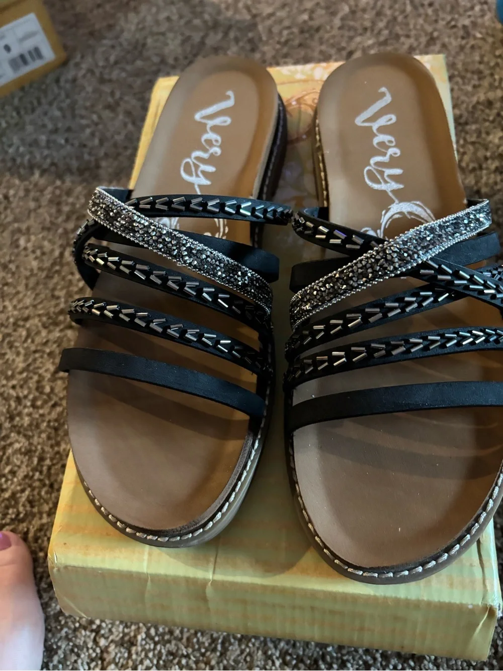 Black Beaded Strappy Slide Sandals - Women 8.5